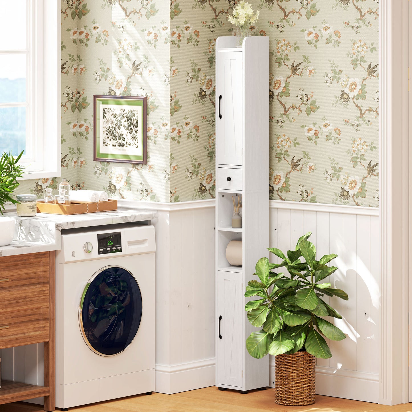 HOMCOM Farmhouse Tall Cabinet With Barn Doors And Toilet Paper Holder Drawer And Adjustable Shelves Narrow White