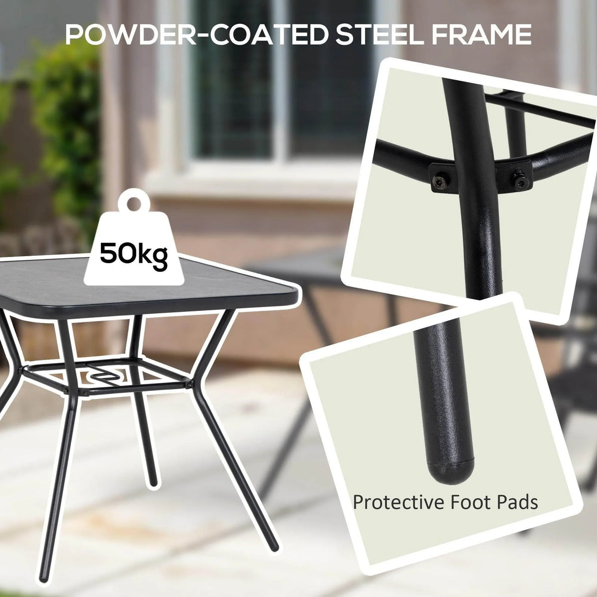 Square outdoor bistro table with powder-coated steel frame and protective foot pads