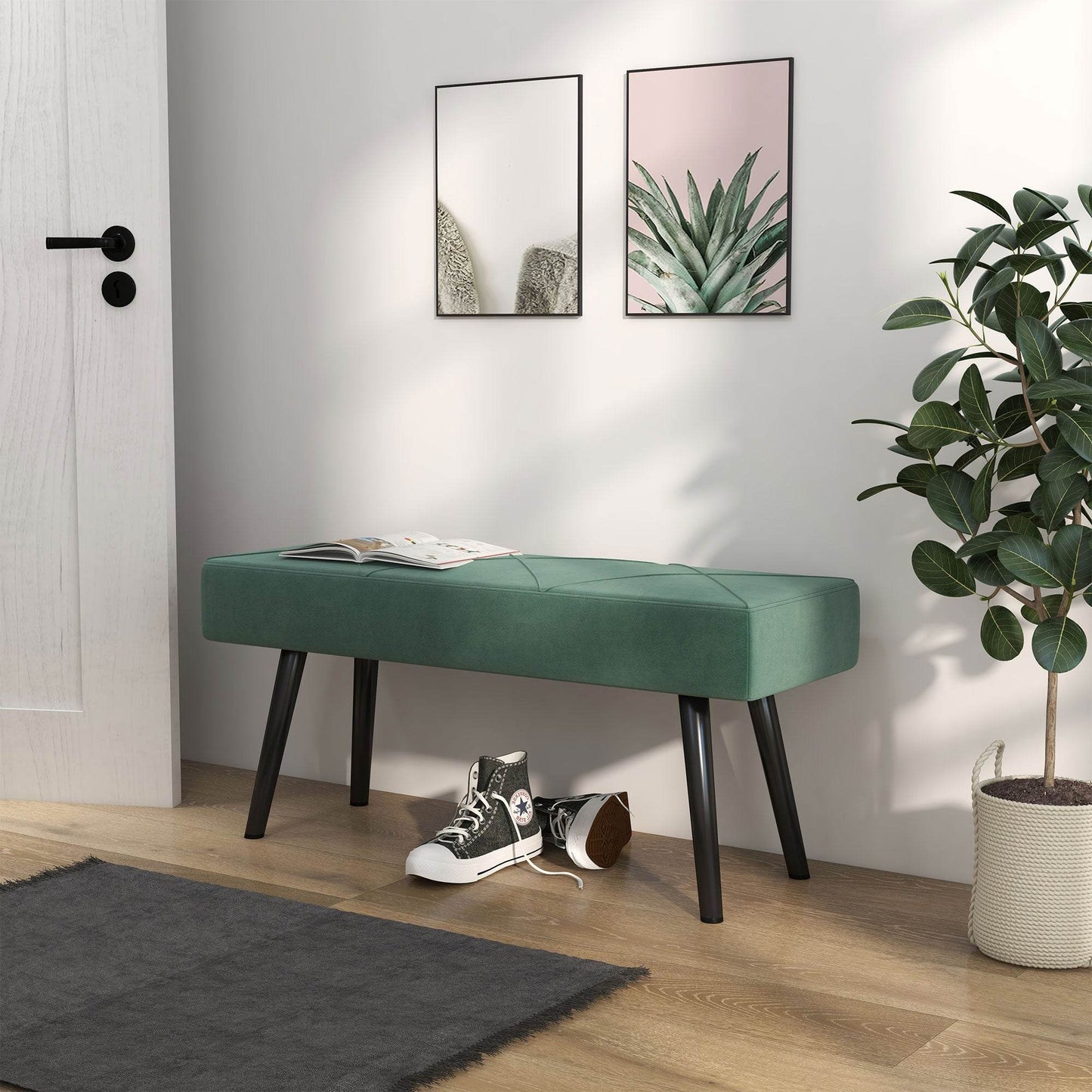 HOMCOM Green End of Bed Bench X-Shape Design Steel Legs Upholstered Hallway Bedroom - ALL4U RETAILER LTD