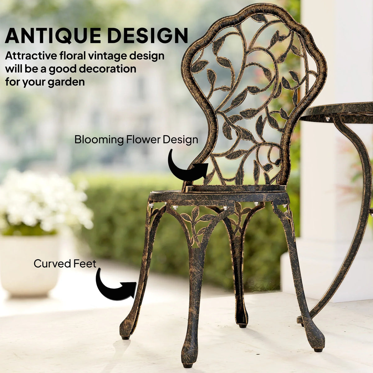 Decorative scroll-back chair with floral pattern and dark brown metal legs