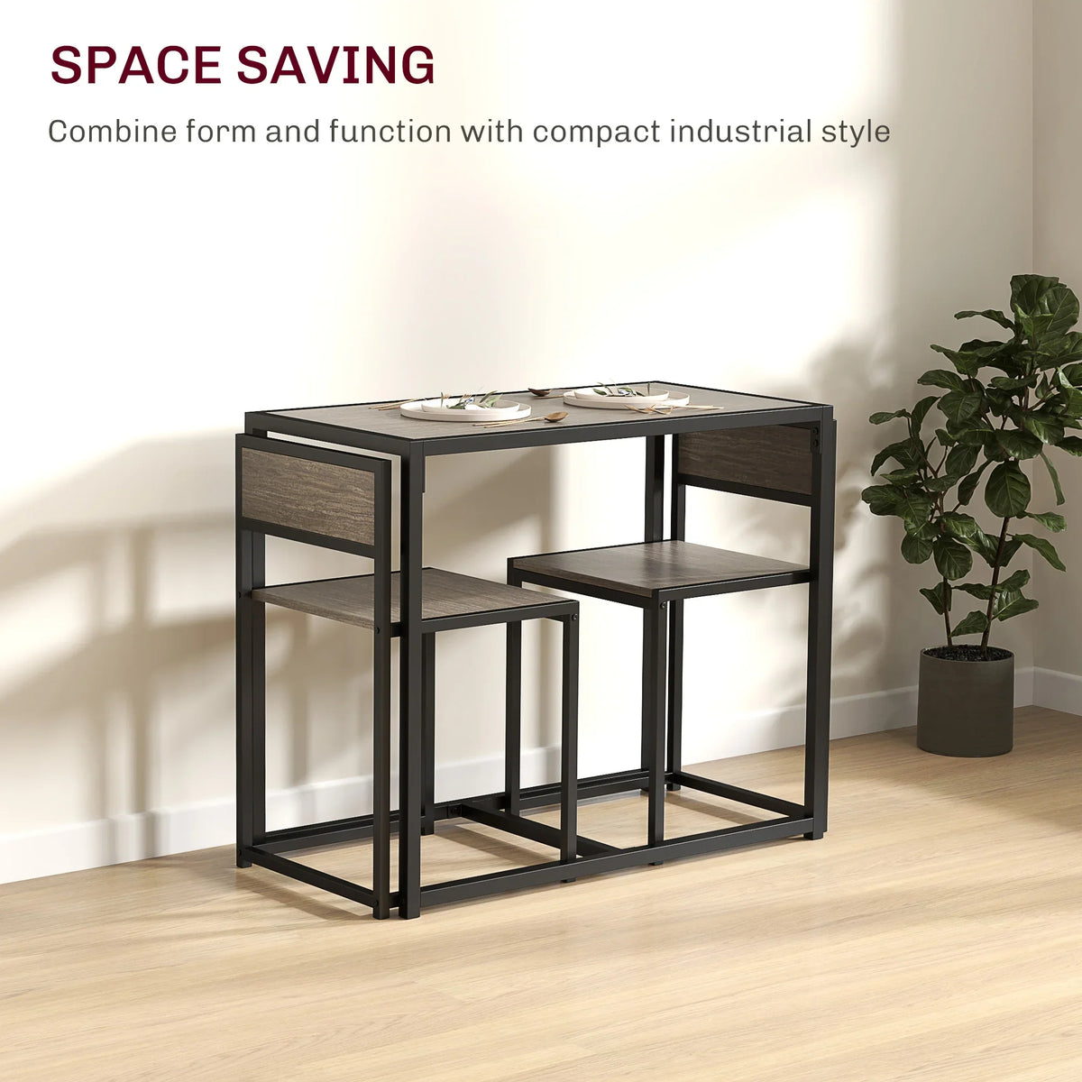Compact dining table with two open-back chairs, grey wood-effect tops and panels