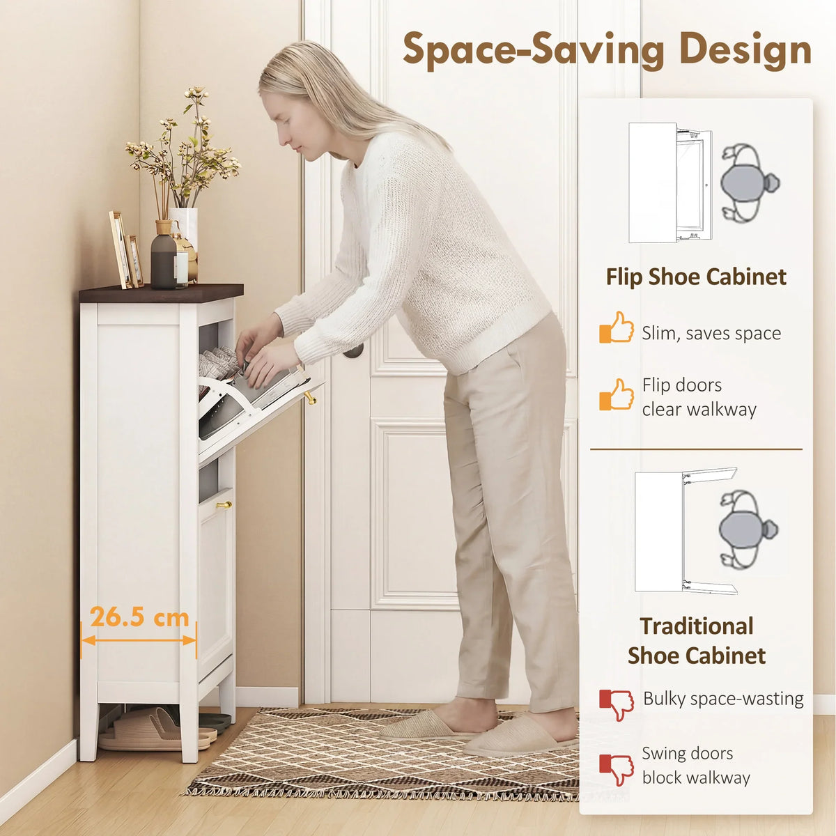 White flip shoe cabinet with two drawers; person loading shoes into the open shelves