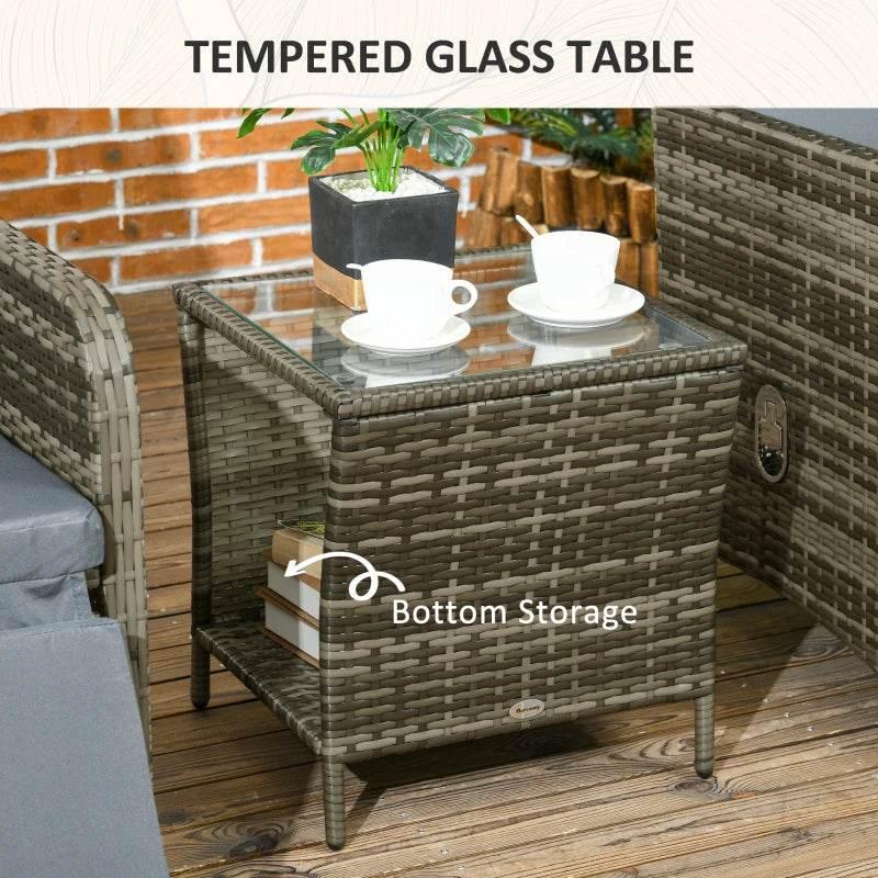 Tempered glass top rattan side table with bottom storage and open sides