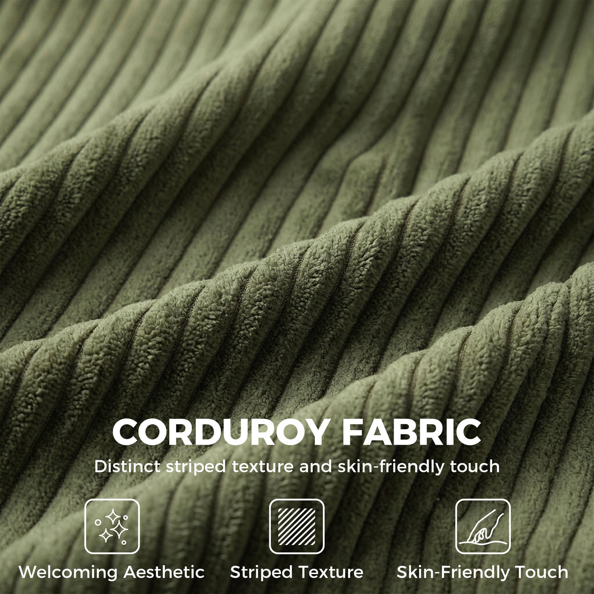 Green corduroy fabric close-up with vertical striped texture and soft surface