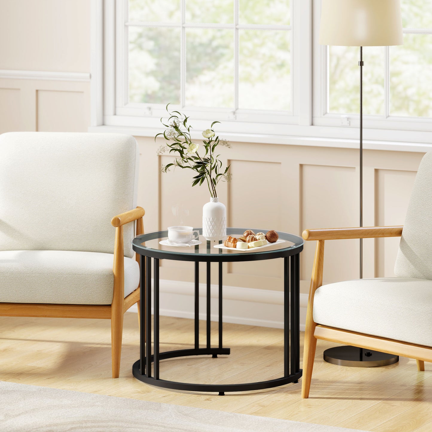 HOMCOM Round Coffee Tables Set of 2 Nesting Tables With Tempered Glass Tops And Steel Frame In Black
