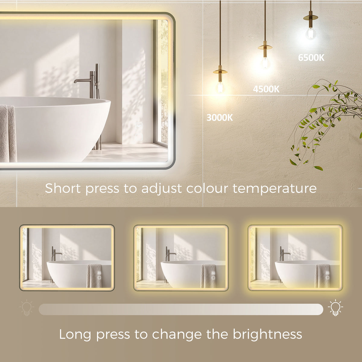 LED mirror border with glowing light strip and control temperature settings