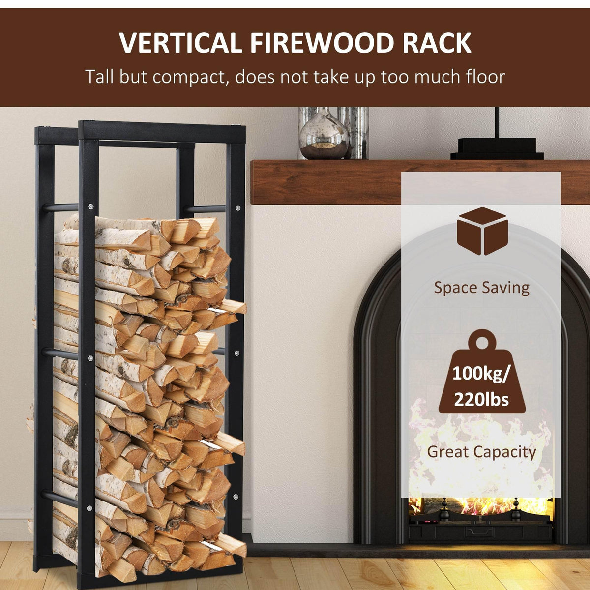 Black vertical metal firewood rack filled with stacked firewood logs