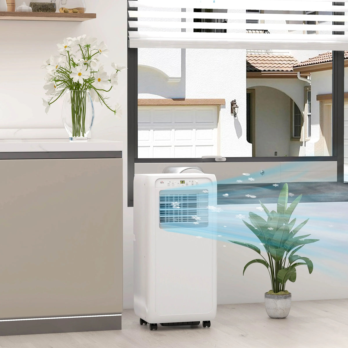 White portable air conditioner unit with front grille and side exhaust, on wheels