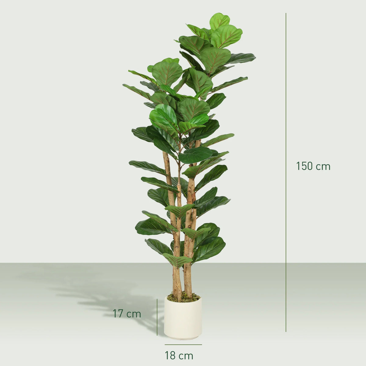 Tall artificial fiddle-leaf fig tree with layered green leaves and natural wood-style stems in a white pot.