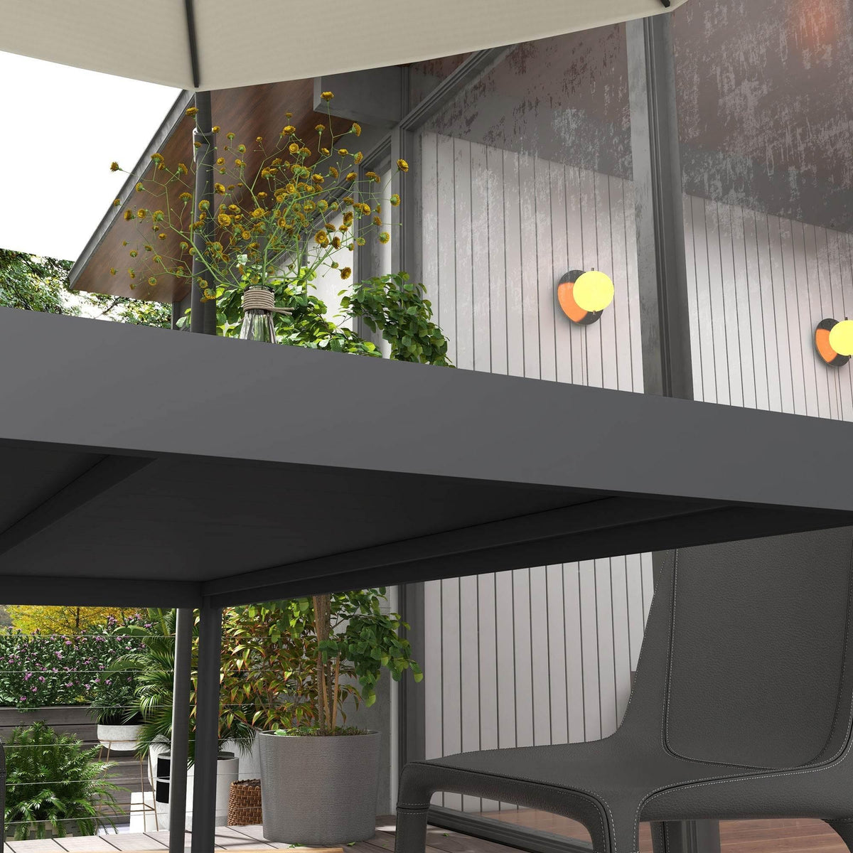 Dark gray outdoor dining table underside with flat apron and four supporting legs