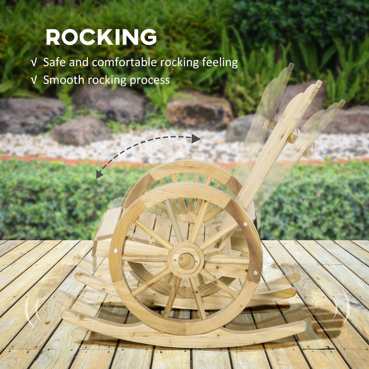 Light wood Adirondack rocking chair with circular wheel base and curved rockers