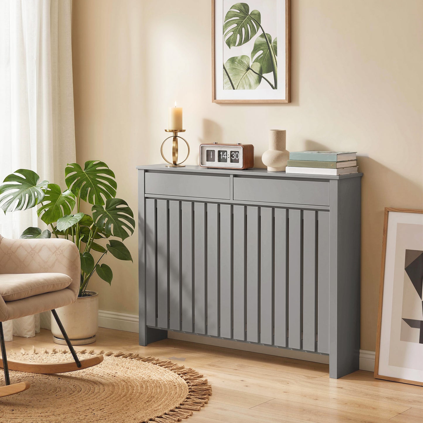 HOMCOM 93 x 119 Cm Modern Slim Radiator Cover Grey With Vertical Slats MDF Panel For Safe Heat Flow