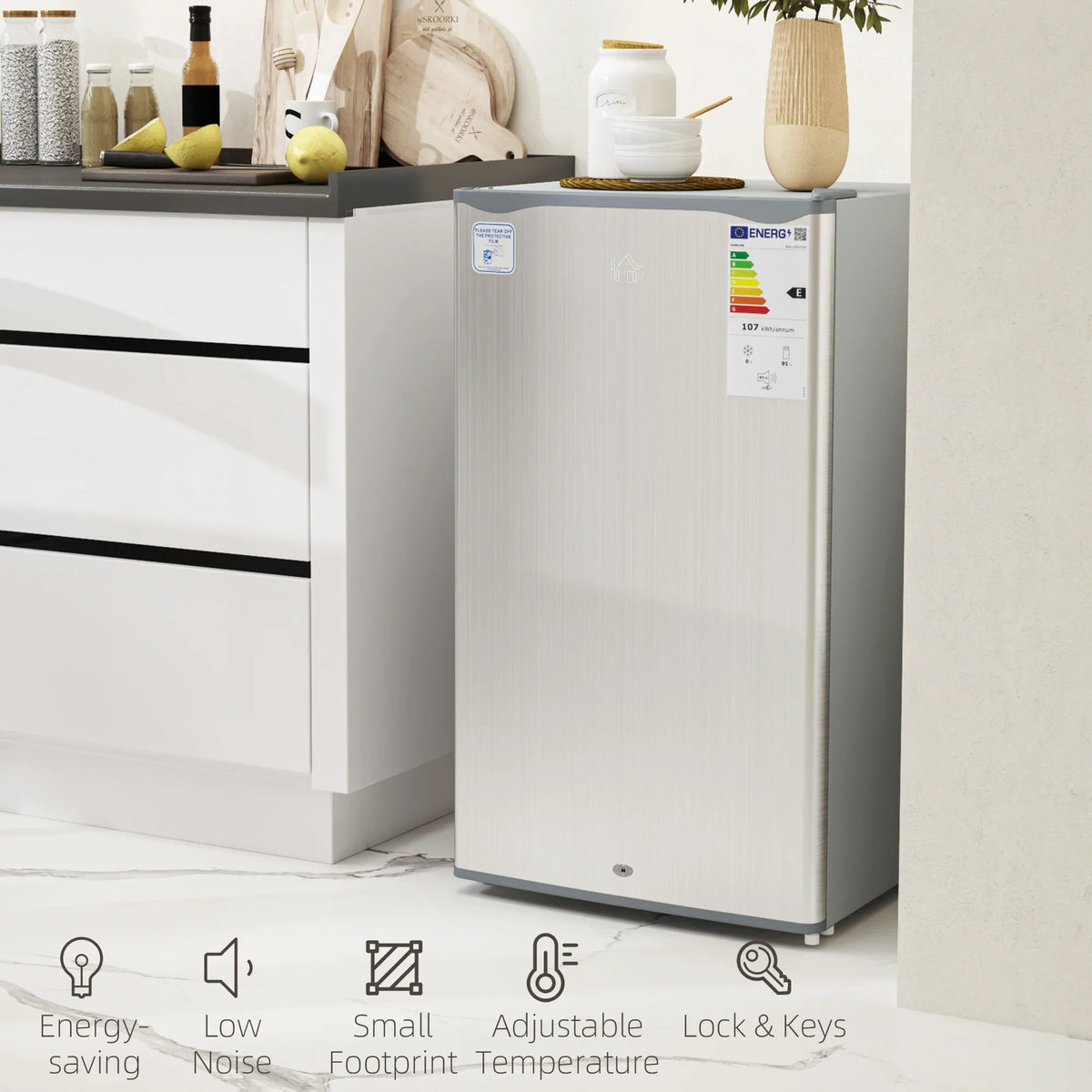 Grey freestanding under-counter fridge with lock area and small front control display