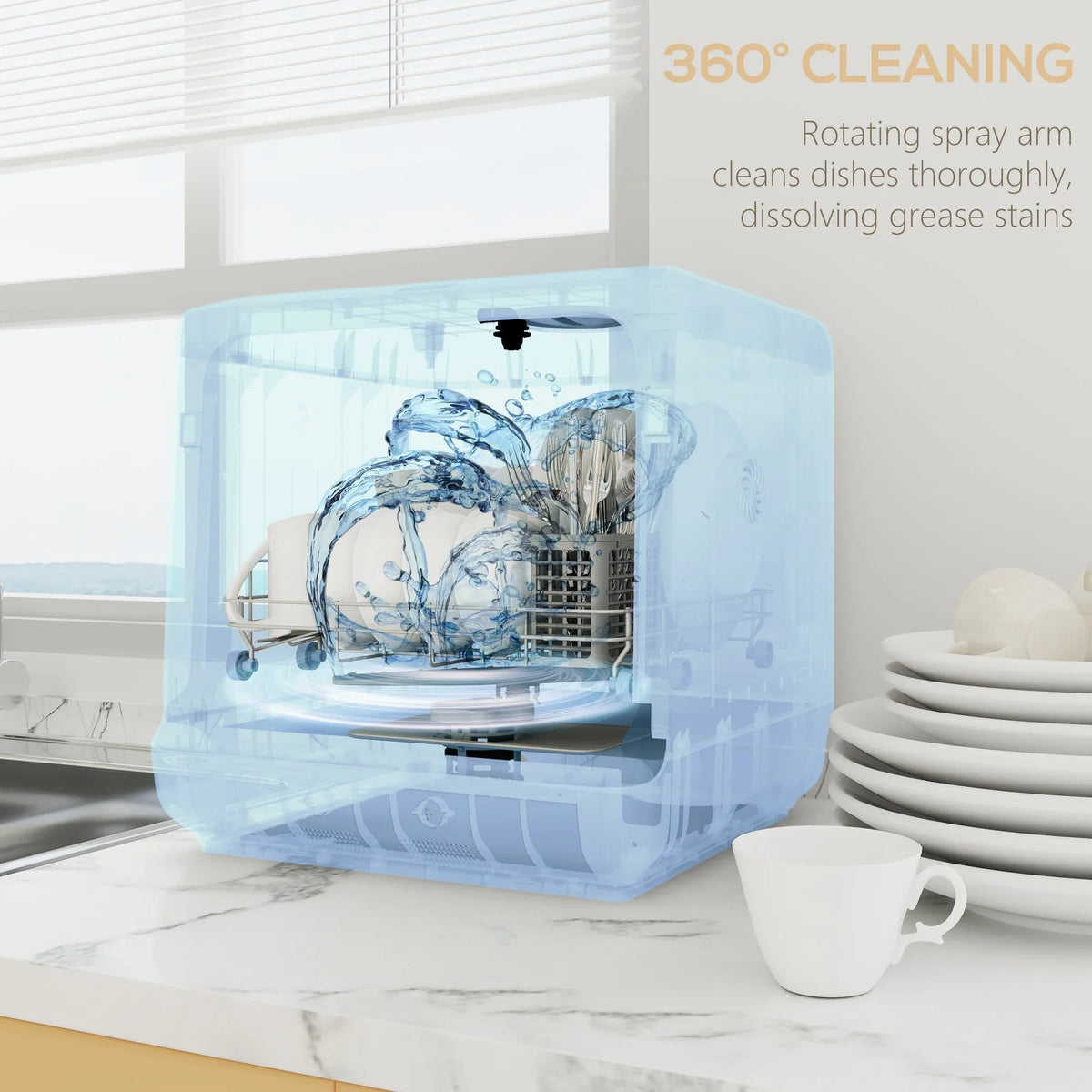 Countertop dishwasher with 360° cleaning spray around loaded rack