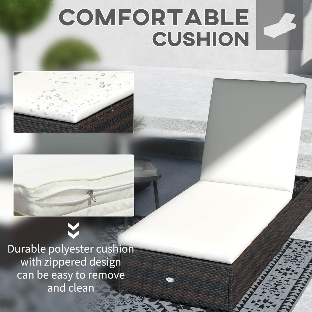 Comfortable cream polyester cushion for rattan lounger with removable zip cover