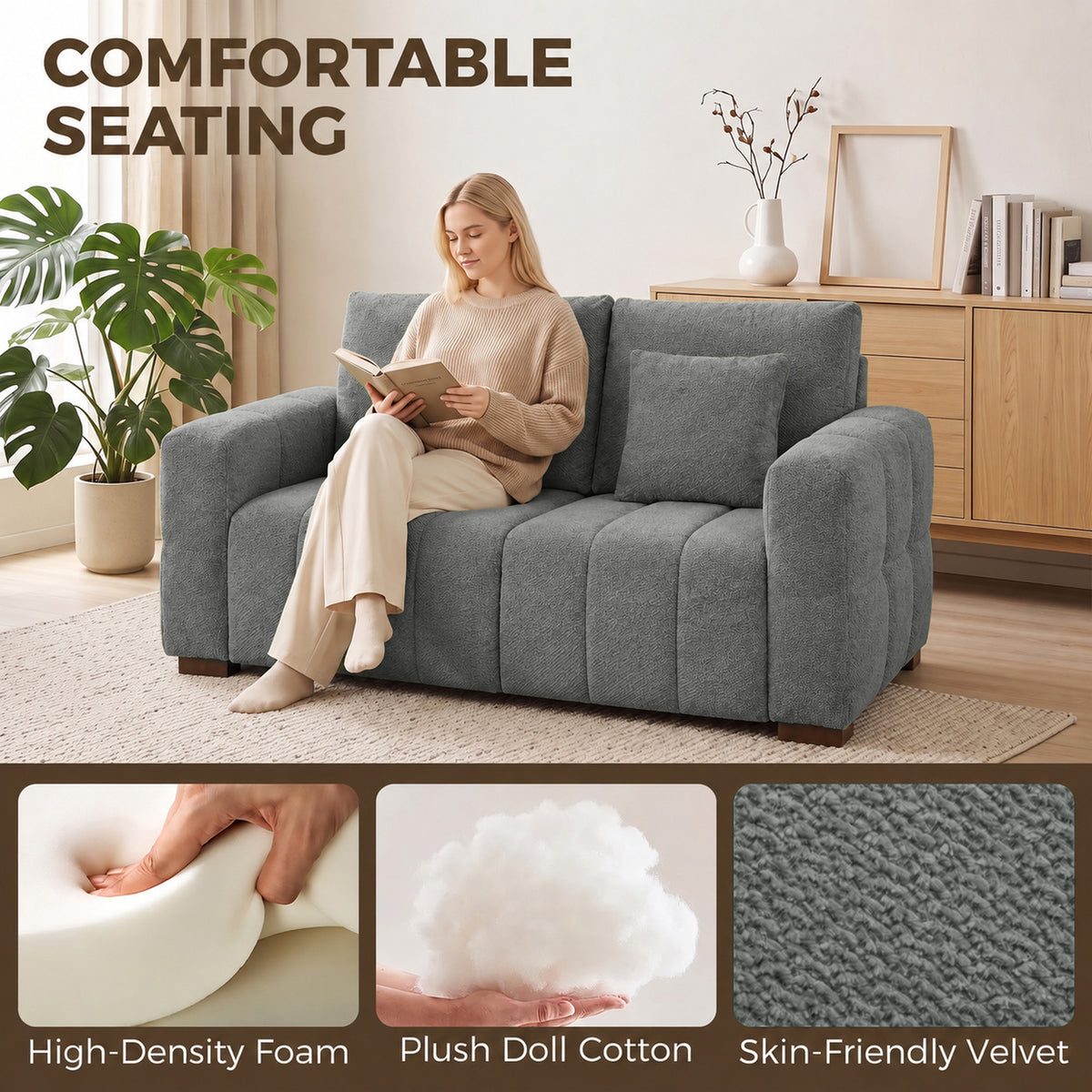 Grey velvet 2-seater sofa with deep seating and segmented seat and back cushions.