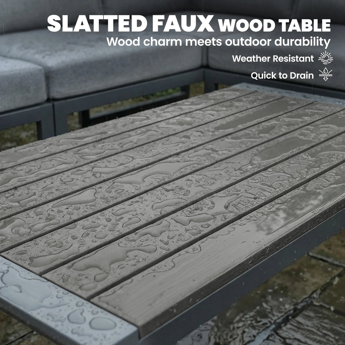 Outsunny slatted faux wood table top with textured surface and water droplets