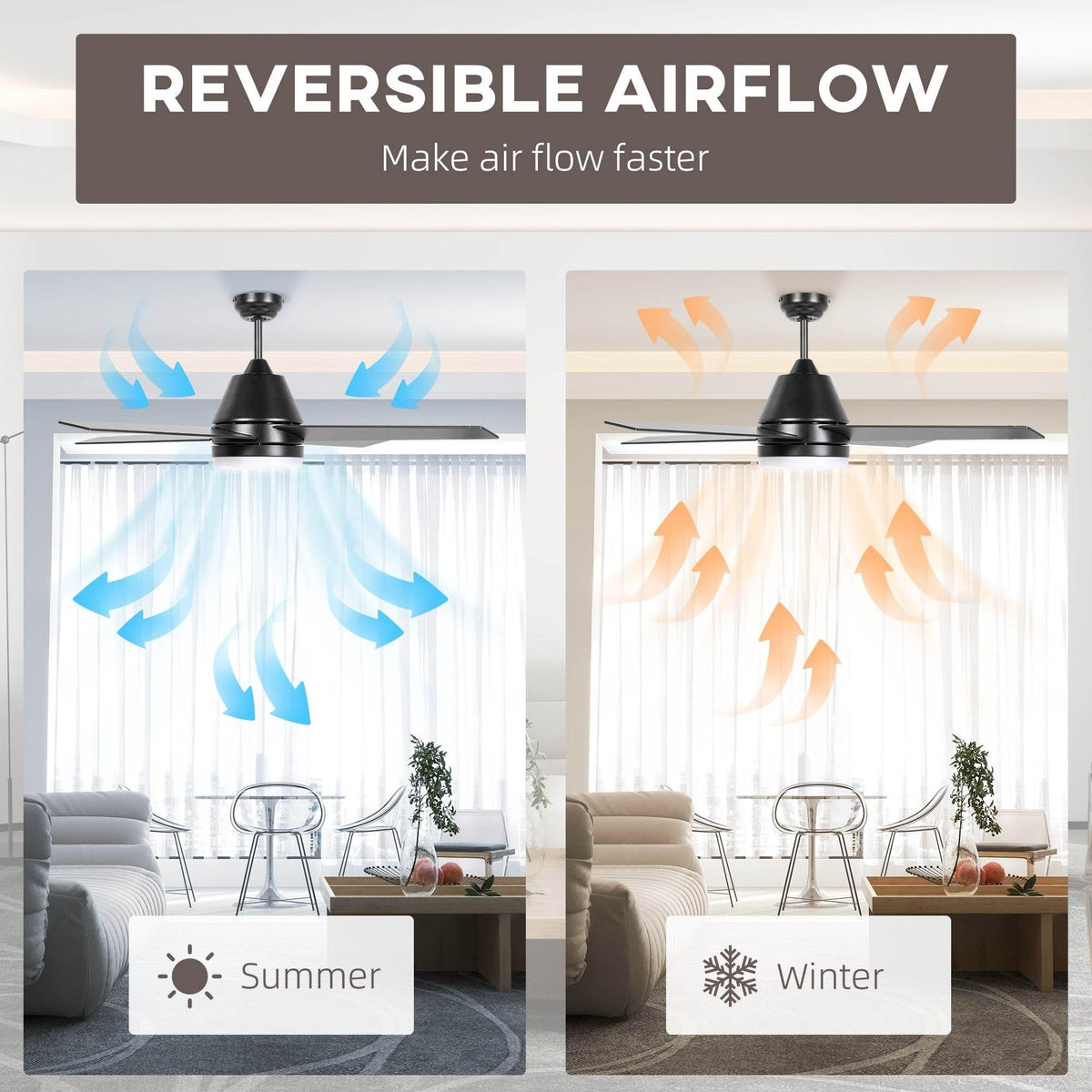 Black 5-blade ceiling fan with reversible airflow shown by arrows