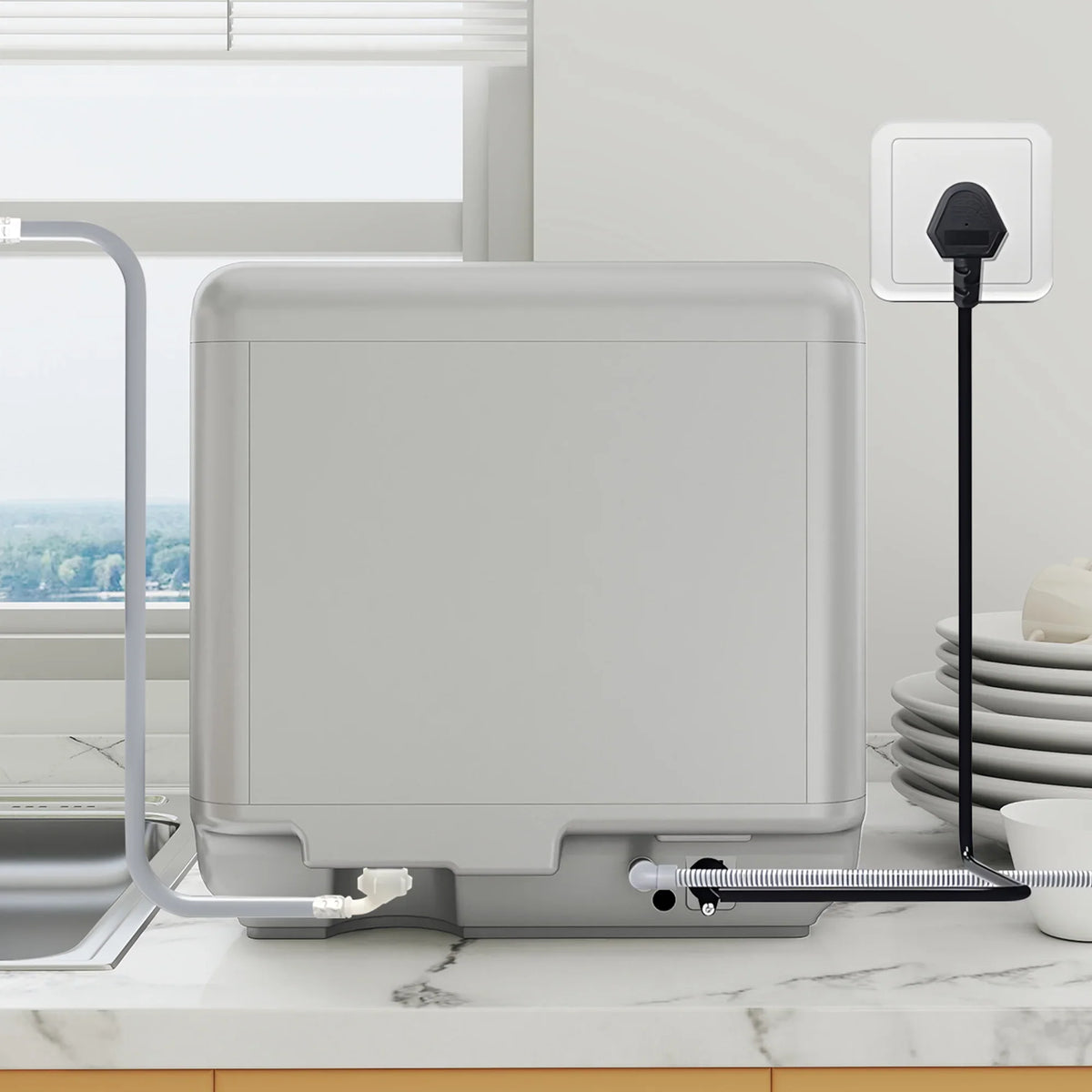 Tabletop dishwasher rear connections with hose outlet and power plug
