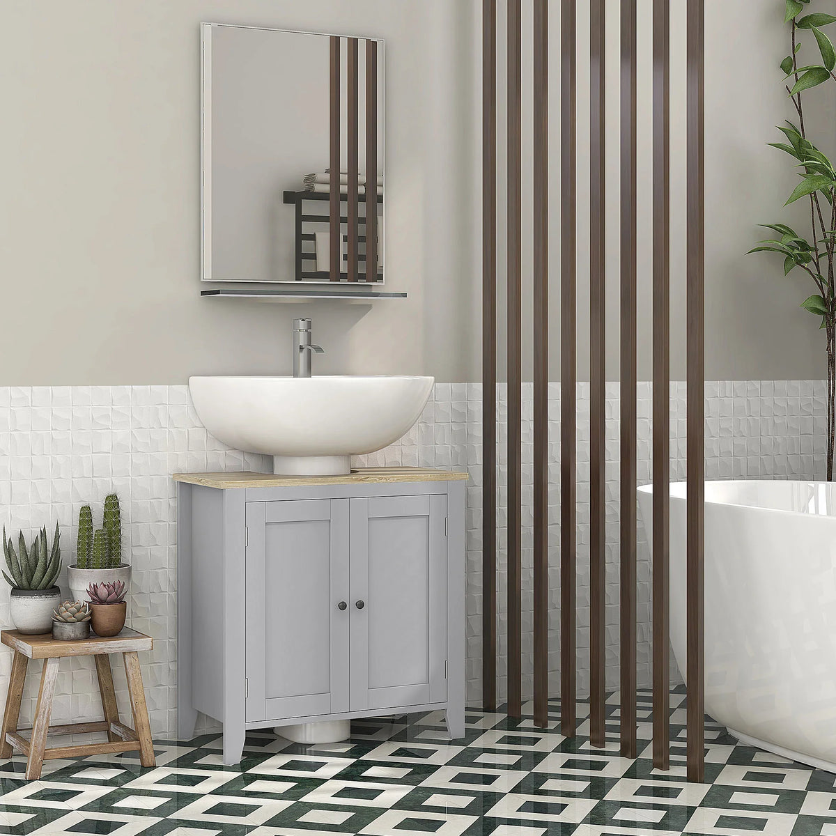 Grey freestanding under-sink cabinet with two doors and pedestal base, adjustable shelf