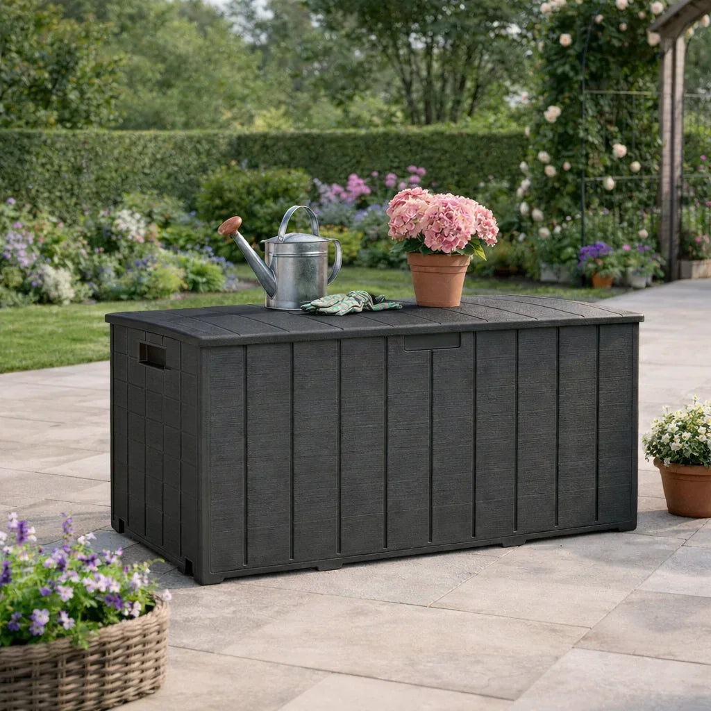 Black double-wall outdoor storage box with hinged lid and side latch