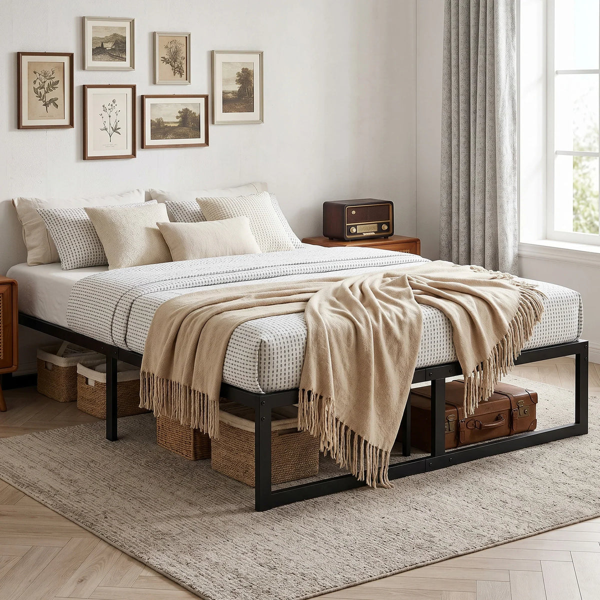 Black metal bed frame with underbed storage baskets and headboard-free slatted base