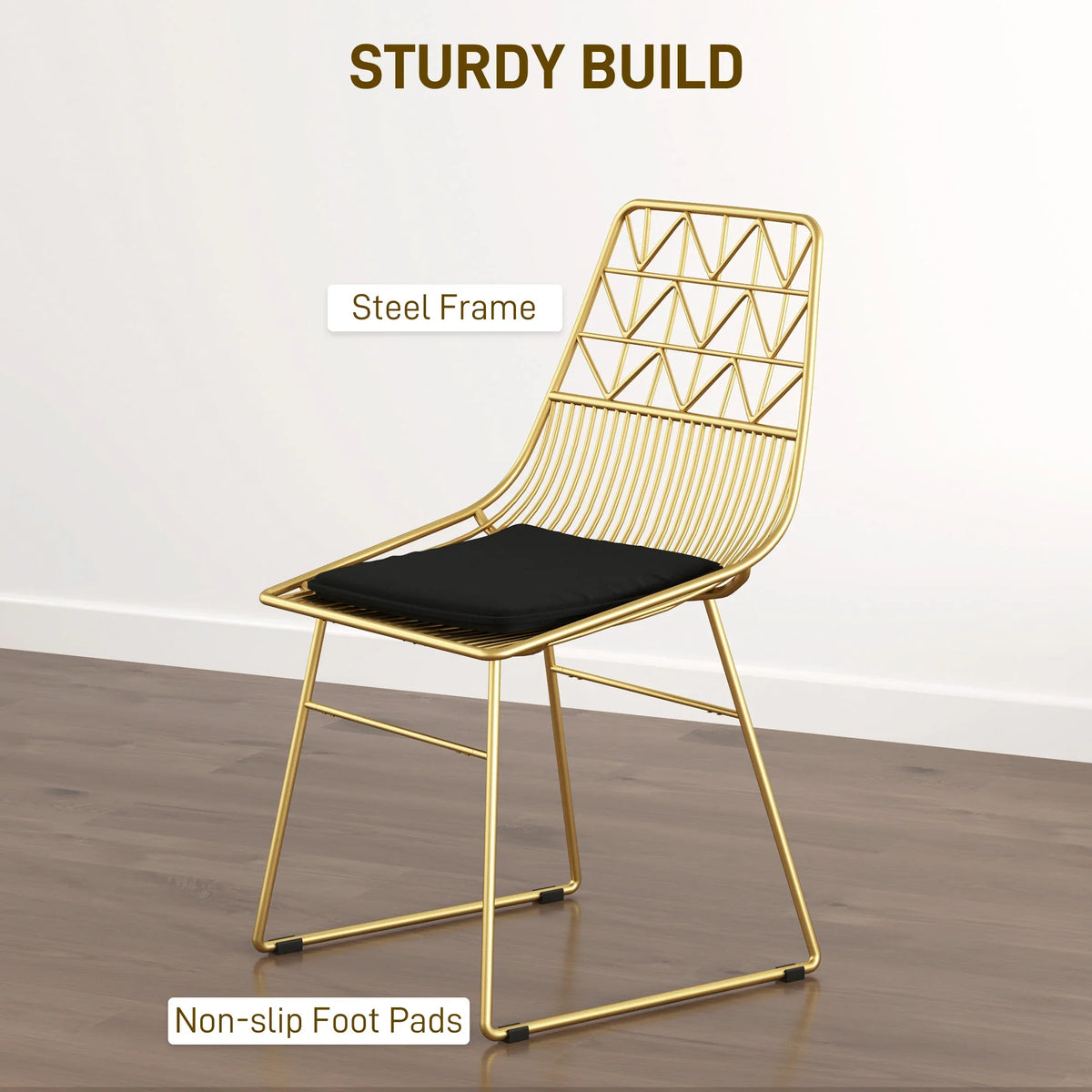 Gold steel-frame dining chair with black velvet seat cushion and non-slip foot pads