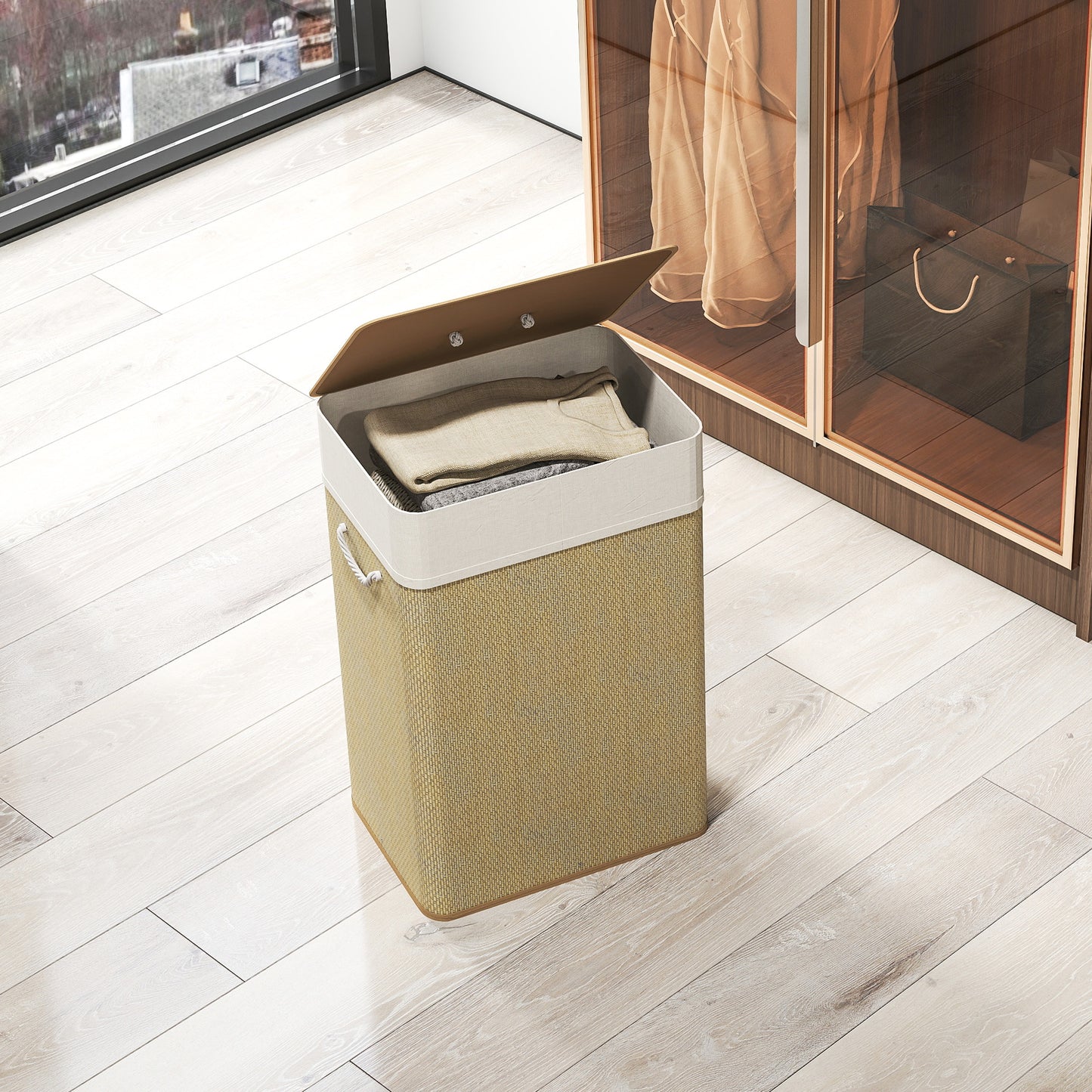 HOMCOM Bamboo Laundry Basket With Lid 72L Laundry Hamper Rope Handles Removable Liner Bag Bathroom Bedroom Nature Wood
