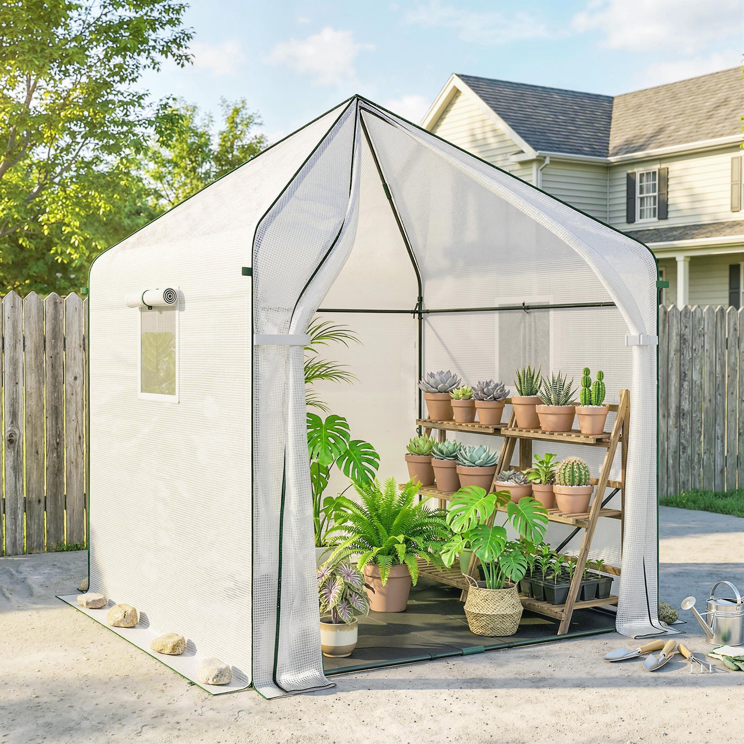 Outsunny Walk In Greenhouse For Outdoors With Steel Frame Large Plant House With Roll Up Door PE Ground Cover White
