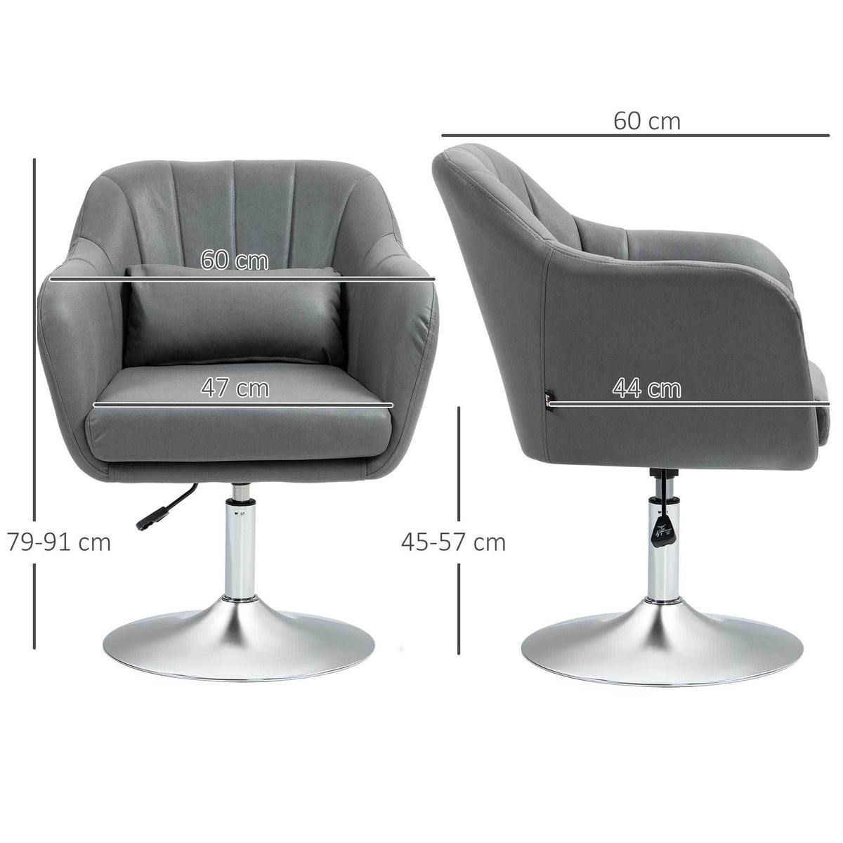 Grey swivel accent armchair on chrome pedestal base, side view