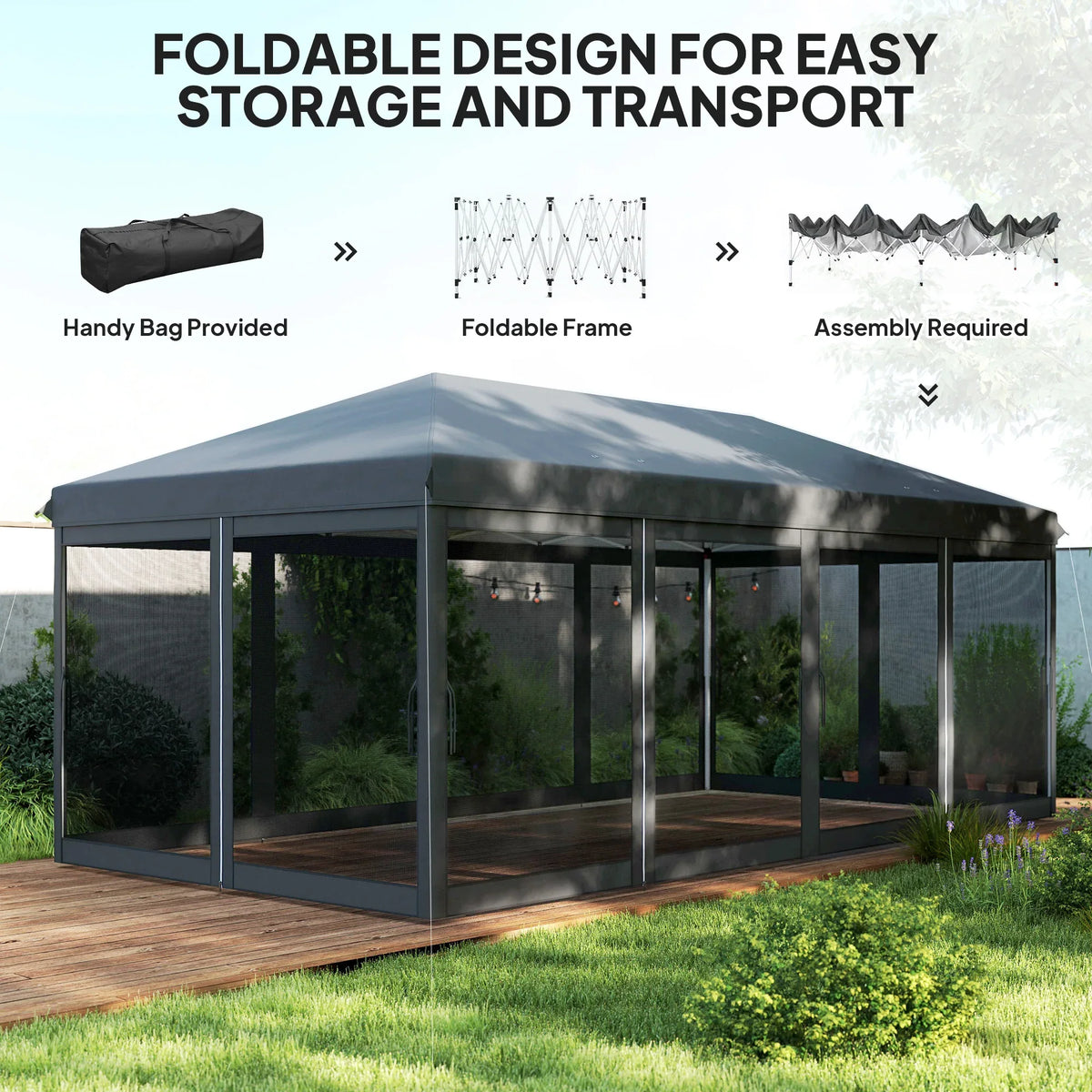 Outdoor pop-up gazebo with black canopy and transparent mesh wall panels