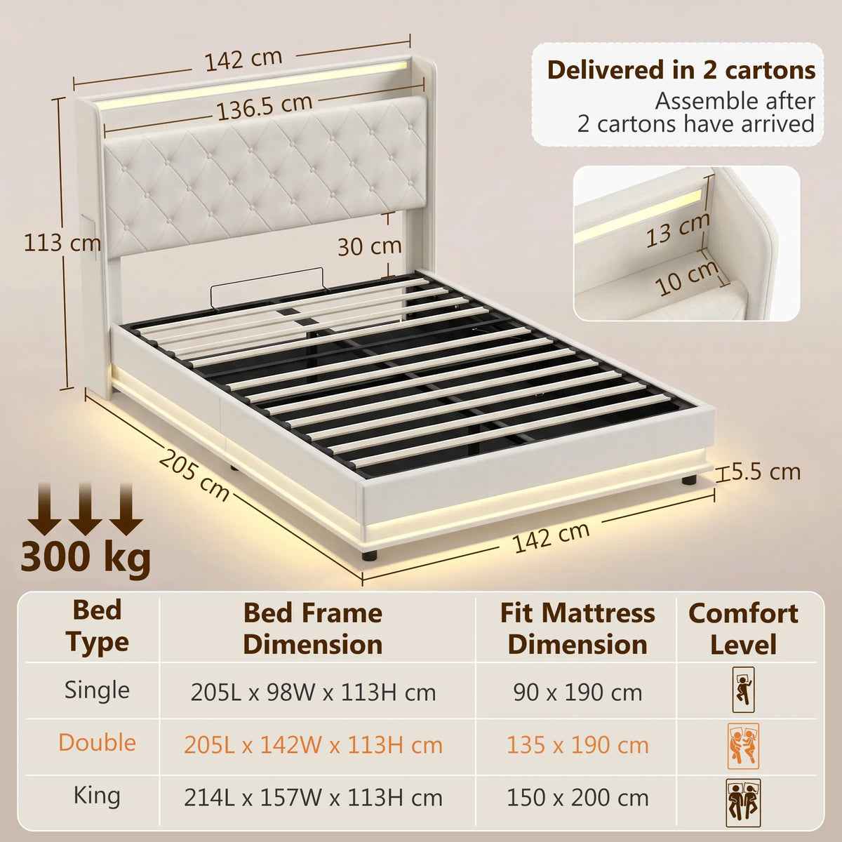 Cream double bed frame with hydraulic storage and slatted platform base