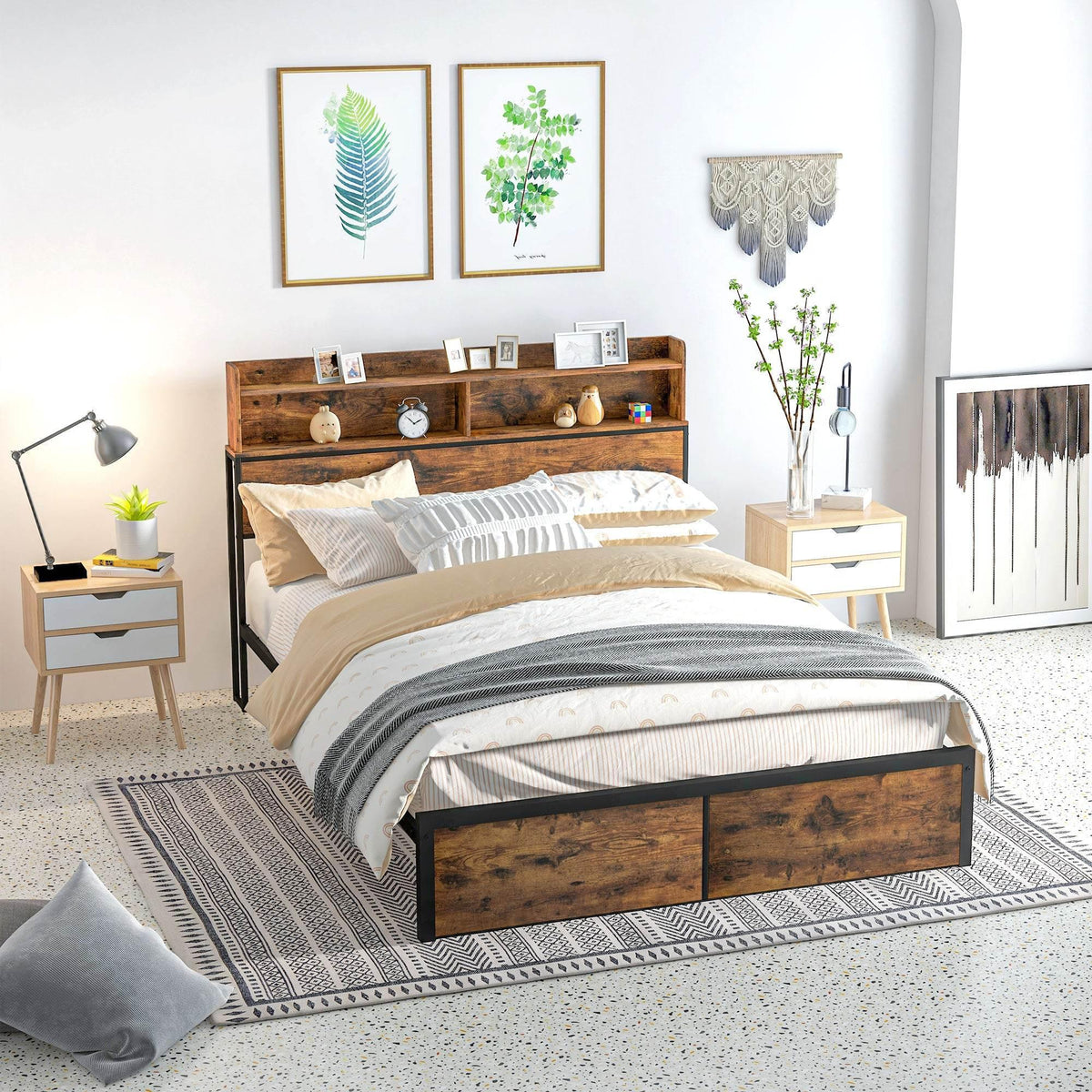 Industrial king bed frame with headboard, footboard, and under-bed storage drawers