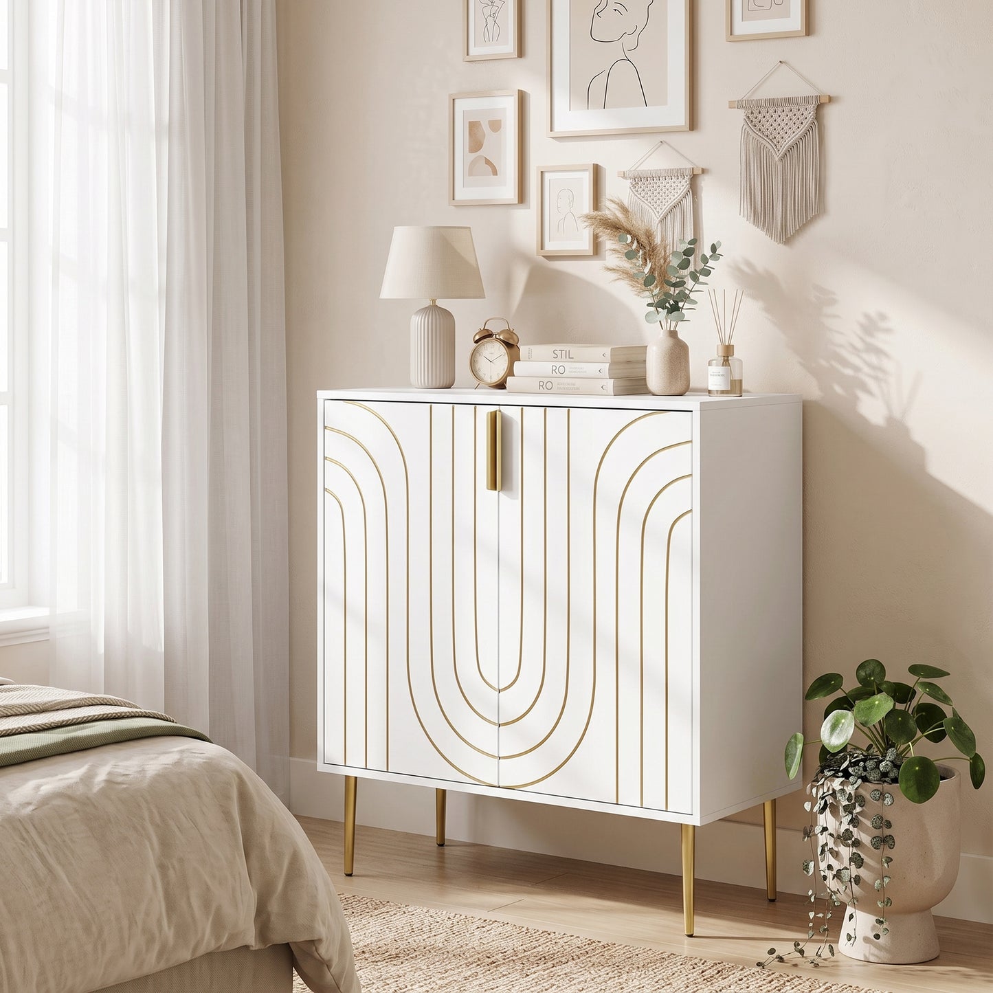 HOMCOM Modern Kitchen Cupboard With 2 Doors And Adjustable Shelf White Storage Cabinet With Metal Legs