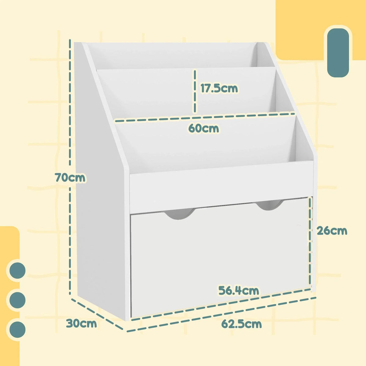 White children’s bookcase with top shelves and front drawer, front view