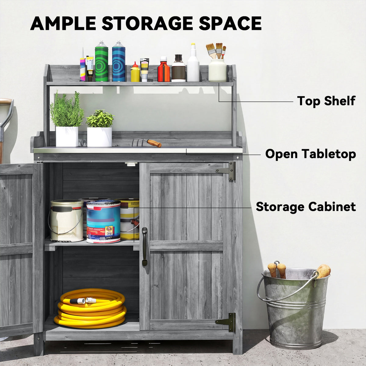 Outdoor potting bench with open tabletop, top shelf, and storage cabinet