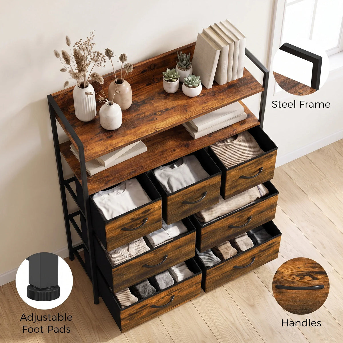 Rustic brown dresser with adjustable foot pads, handles, and open storage shelves