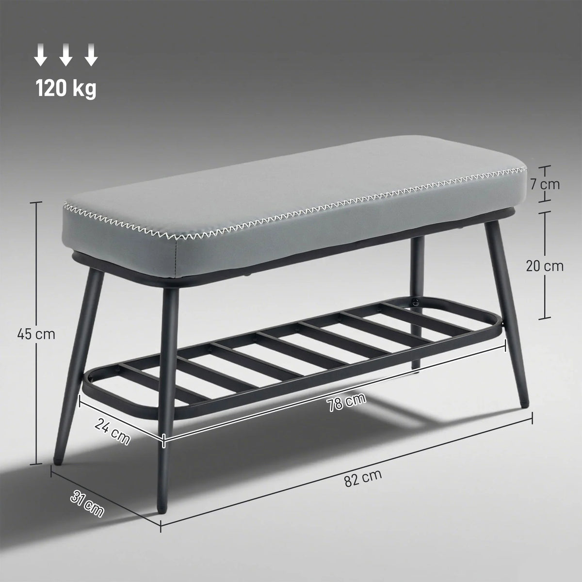 Grey cushioned shoe bench with open metal base shelf and stitched PU leather seat