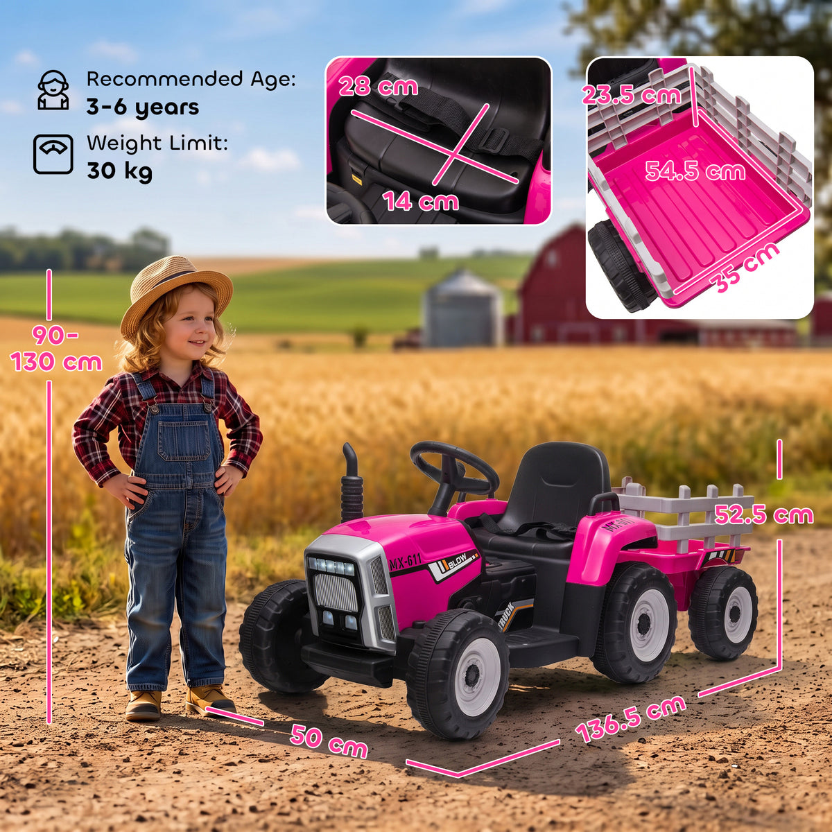 HOMCOM 12V Pink Kids Ride On Tractor With Remote Control And Trailer