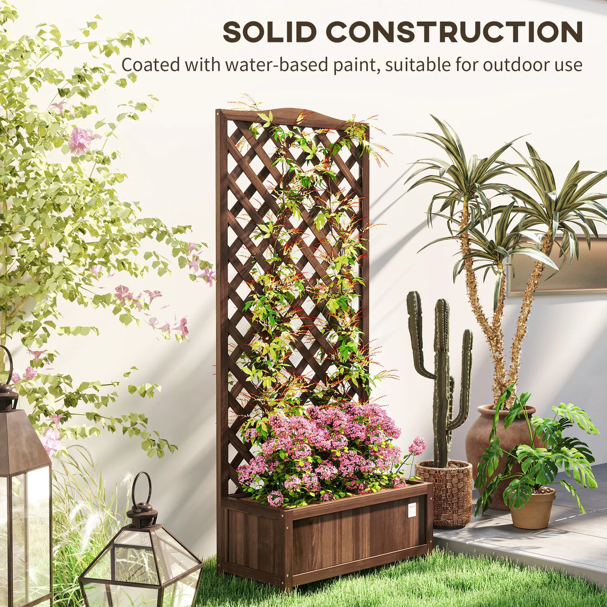 Dark brown freestanding wooden raised planter with lattice trellis and plants