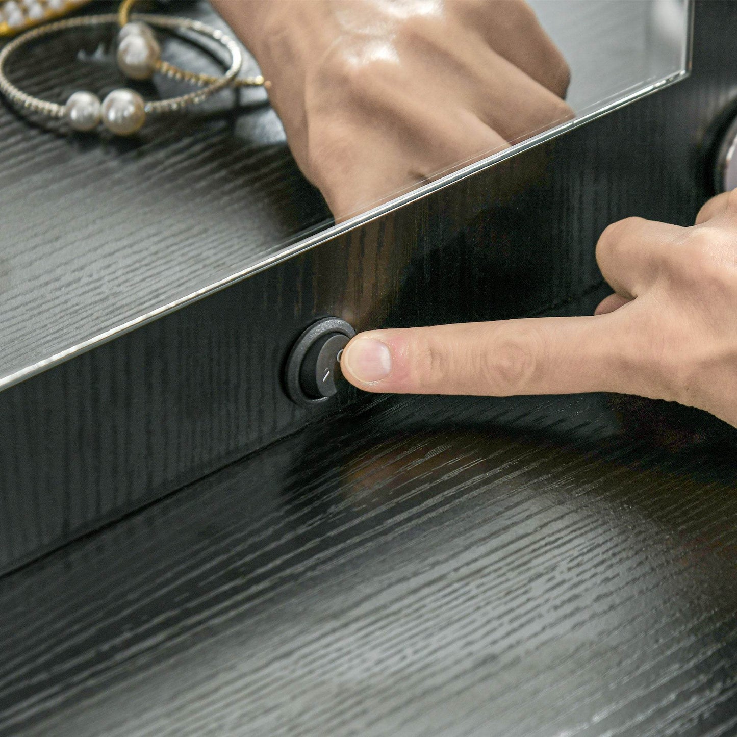 HOMCOM Modern Black Makeup Vanity Set with Lighted Mirror, Cushioned Stool, and Ample Storage - ALL4U RETAILER LTD