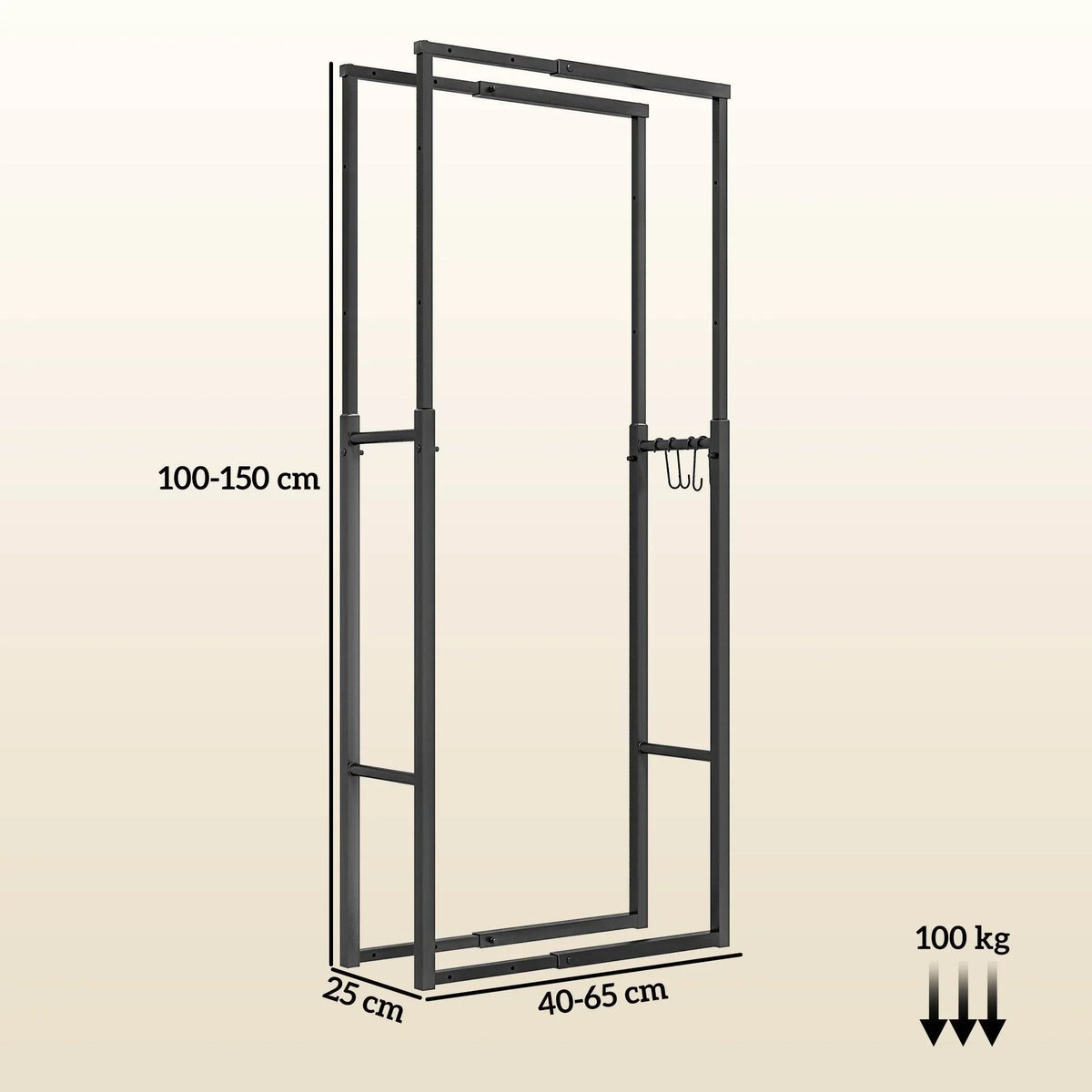 Black adjustable metal firewood log rack frame with hook bars, dimension view