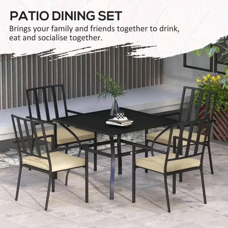 Patio dining set: black table with four chairs and beige seat cushions