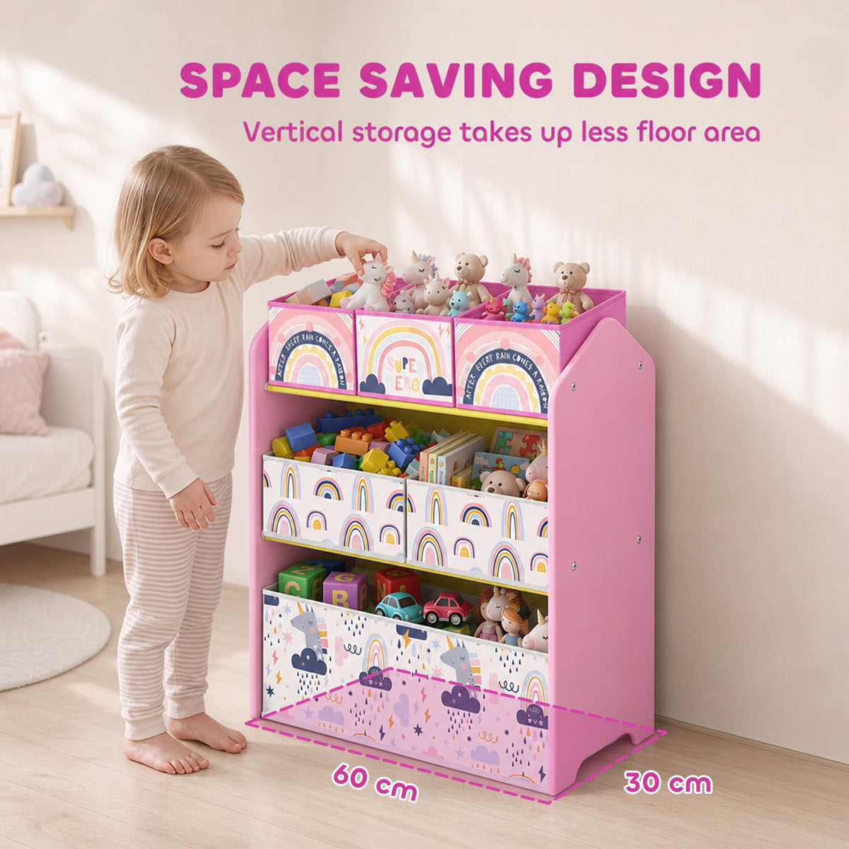 Pink space-saving toy storage rack with six fabric bins, vertical design, child reaching toys