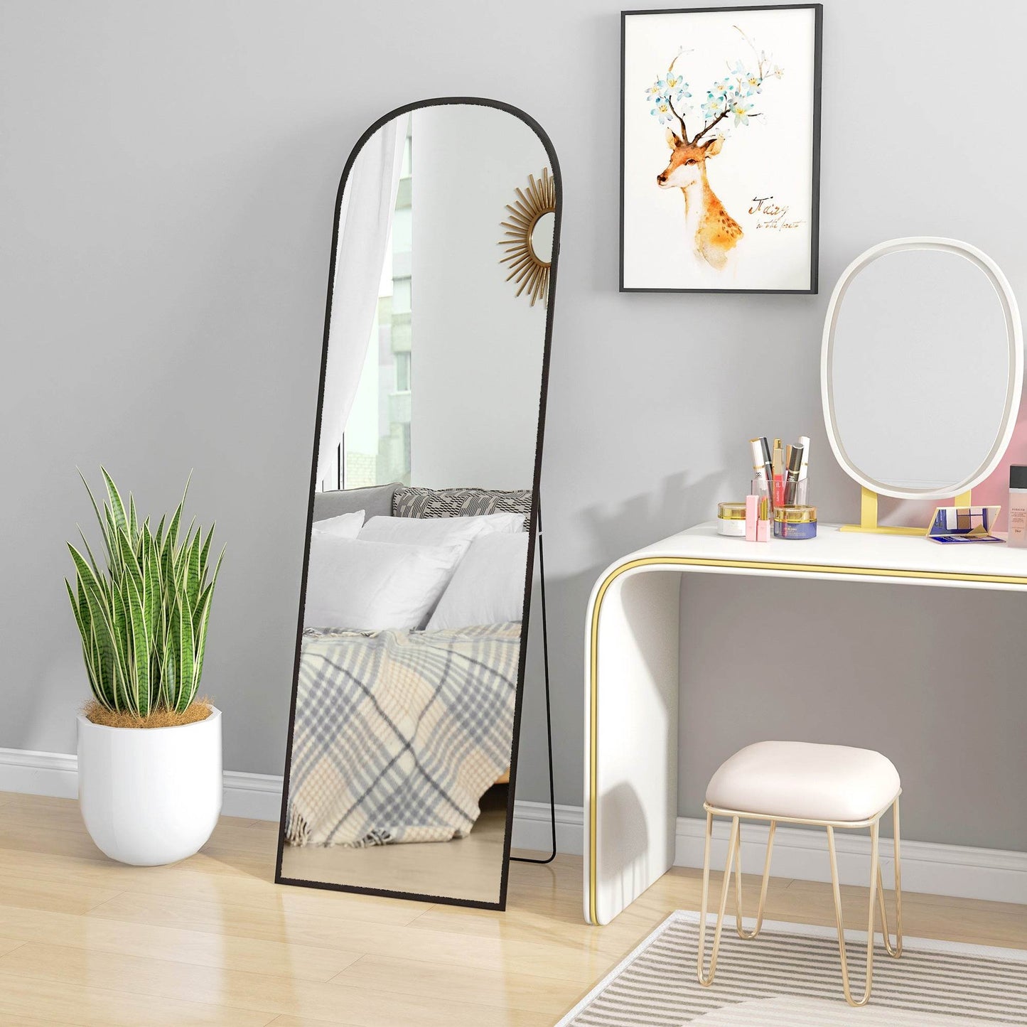 HOMCOM Arched Full Body Mirror with Aluminium Frame - 162x50cm Free Standing or Wall-Mountable Design for Living Room & Bedroom - ALL4U RETAILER LTD