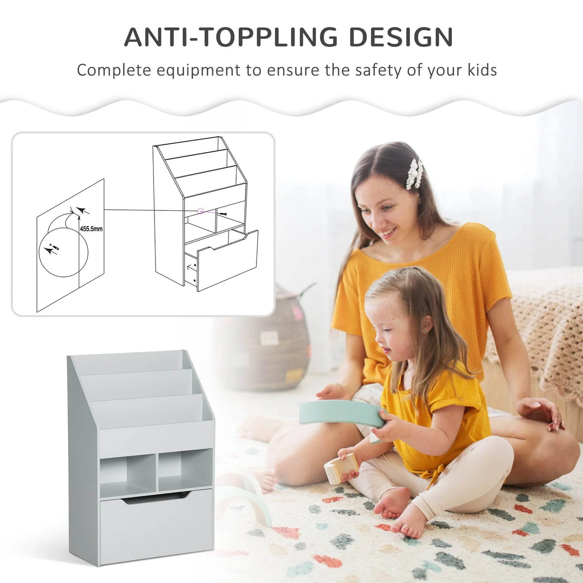 Kids bookcase with anti-tipping design and rounded edges, grey finish