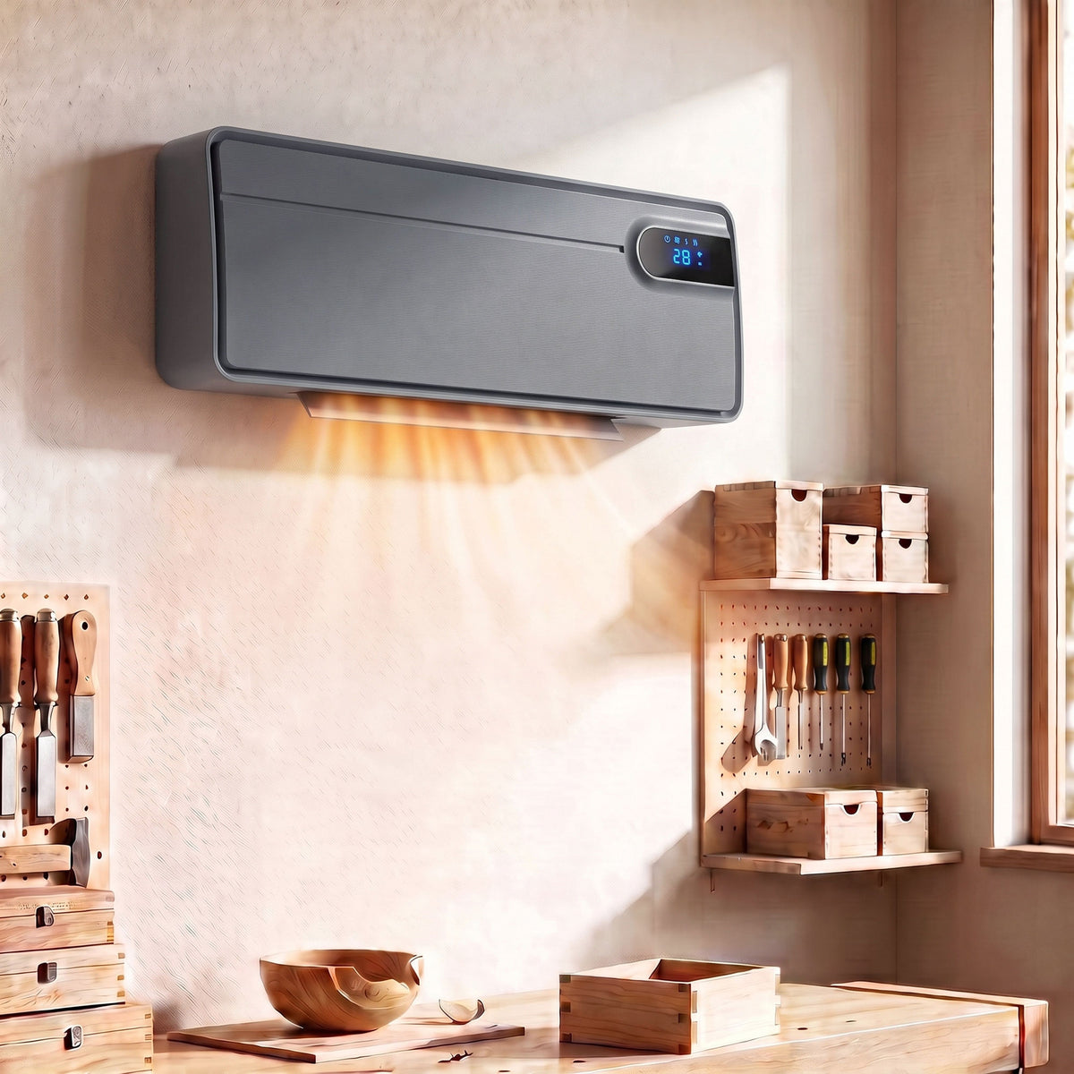 Wall-mounted ceramic heater with digital display positioned beside shelves