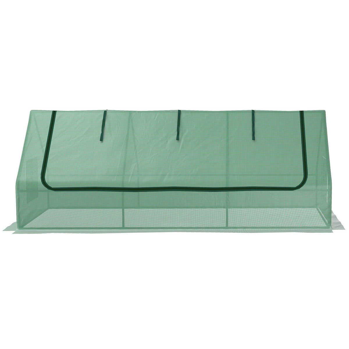 Front view of green polytunnel with three mesh sections and top support frame