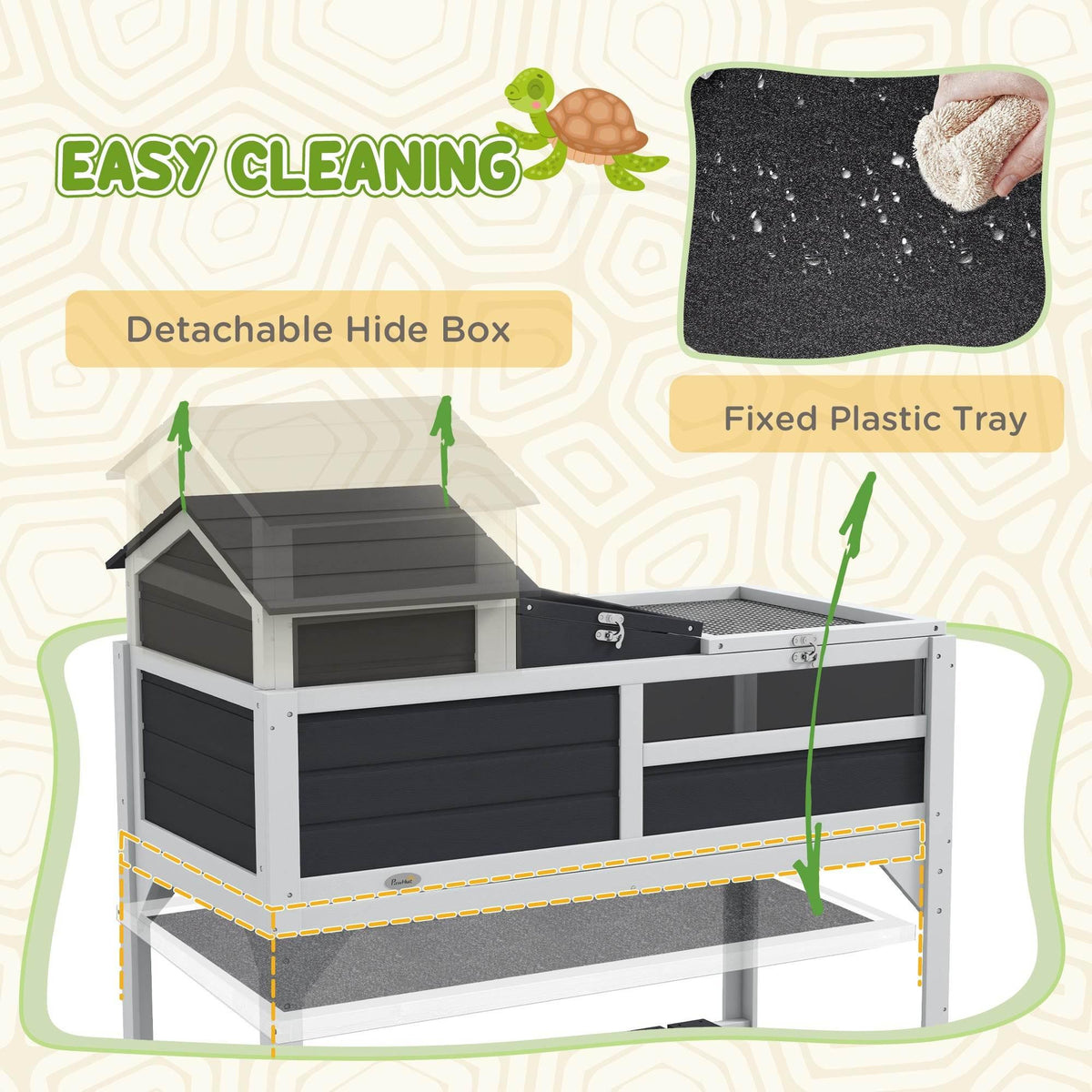 Grey tortoise habitat with detachable hide box and fixed plastic tray for easy cleaning