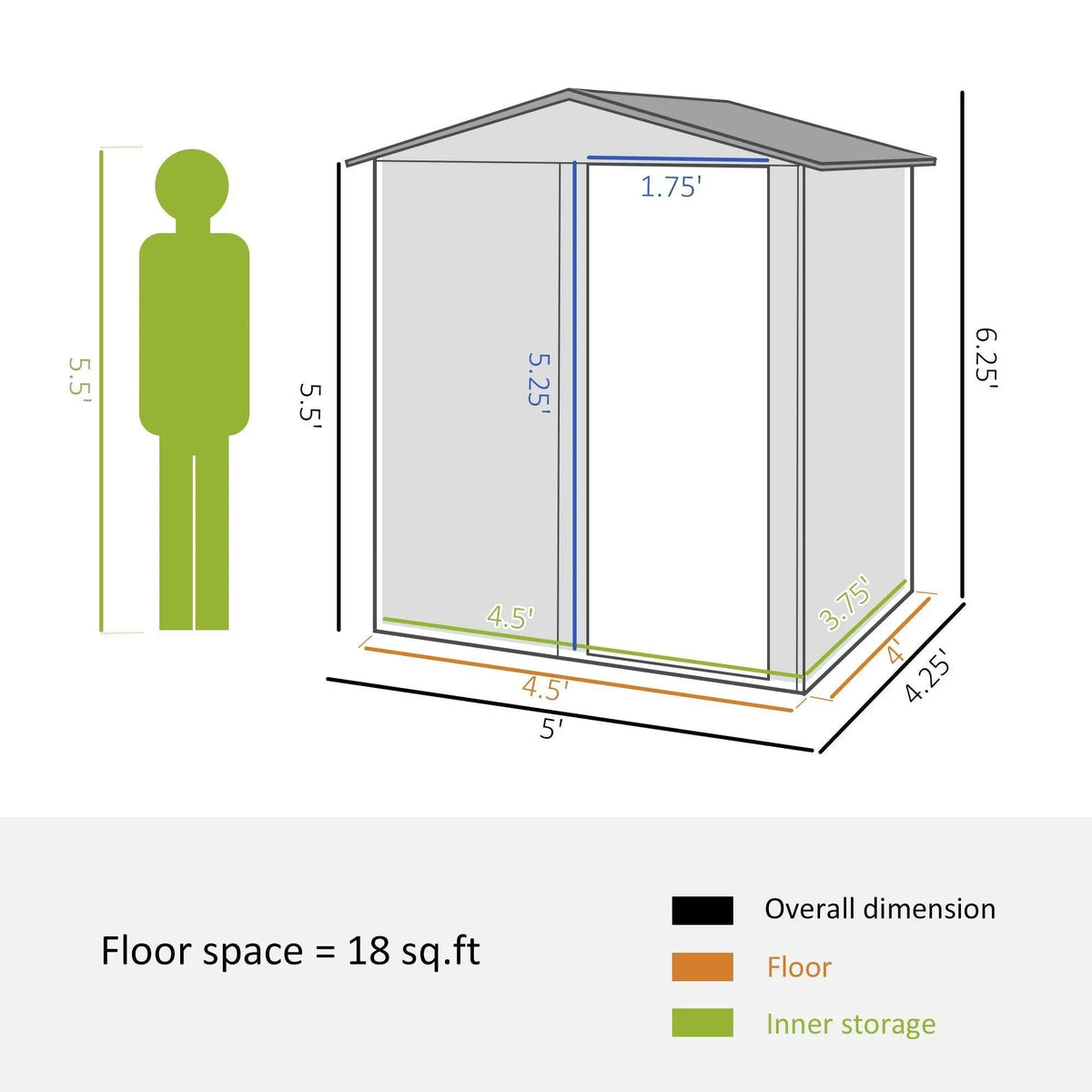 Green and gray outdoor storage shed size diagram with sloped roof and sliding door